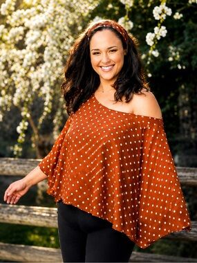 Vintage 80s chiffon brown and white polka dot semi sheer off shoulder over top